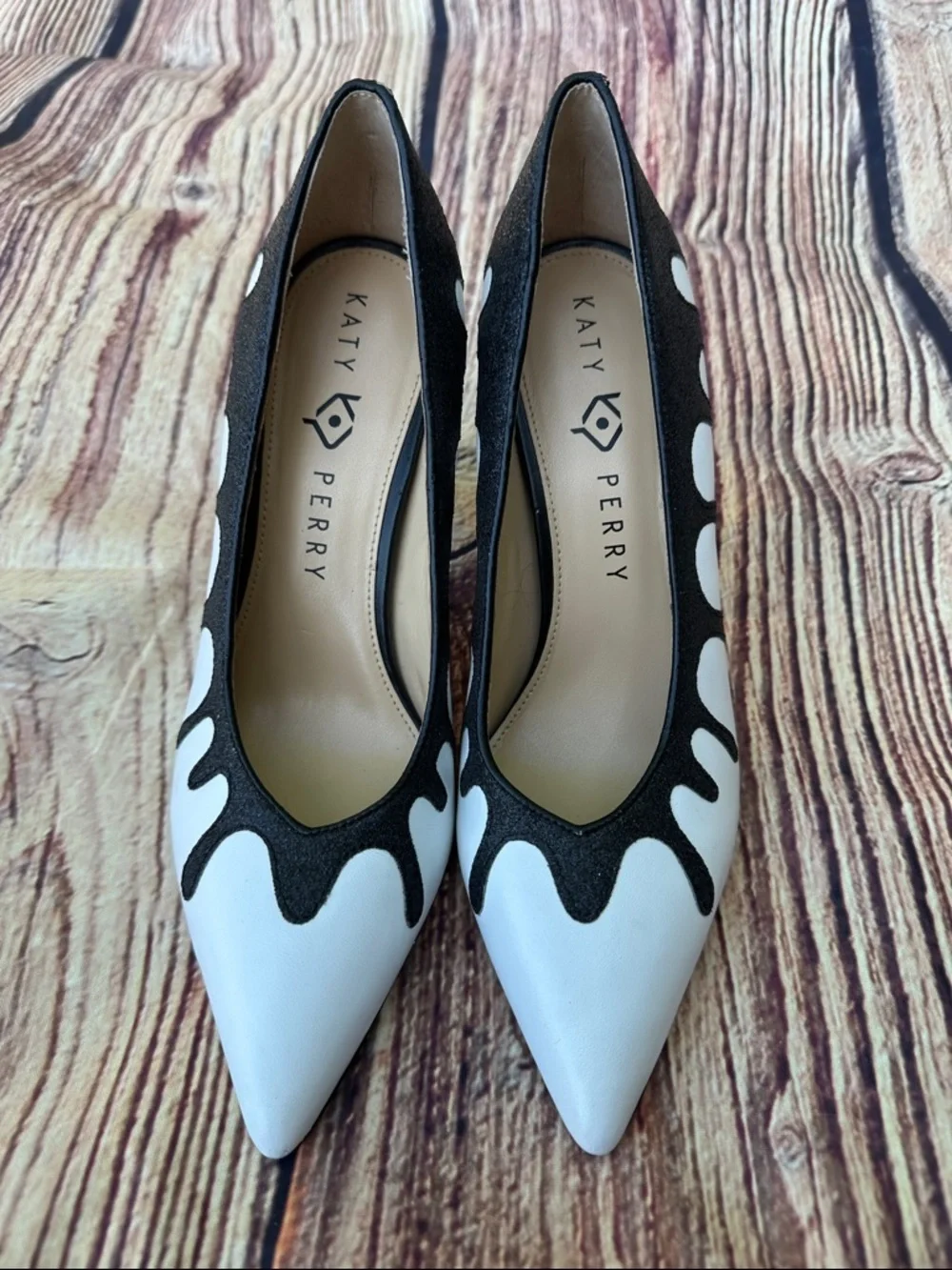 Katy Perry Collections Black & White Drip-Accent Pointed Toe Stilettos - Picture 2 of 7